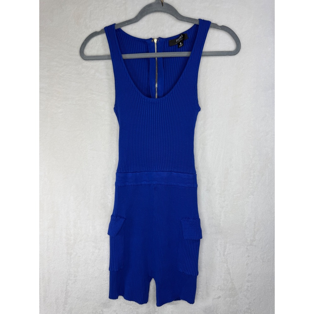 Hera Collection Blue Ribbed‎ Knit Cargo Romper Sleeveless Back Zip Size S 22128